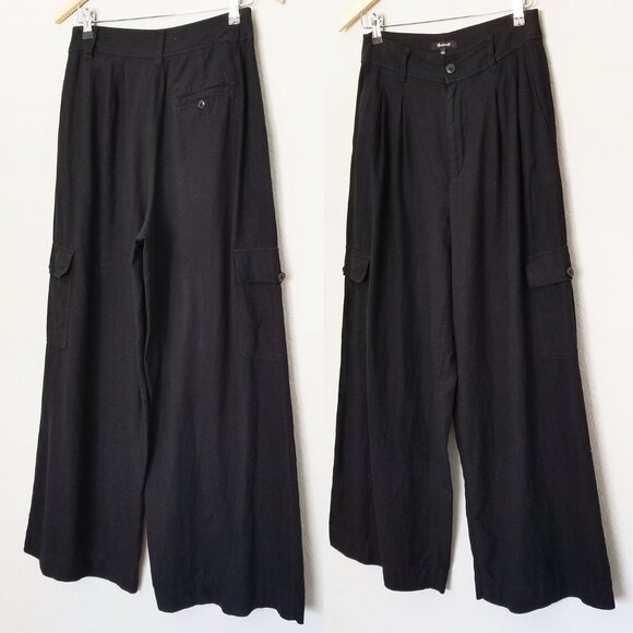 Madewell Wide Leg Cargo Pocket Pants High Waist Linen Blend Black Size 6 $98 - Picture 4 of 16